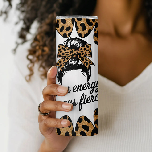 Close-up view of leopard glitter bow and scripted “Mom energy, always fierce” text on tumbler wrap.