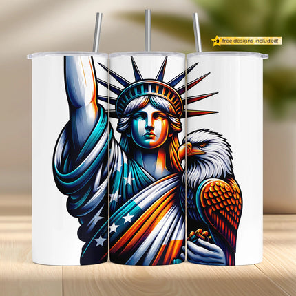 Statue of Liberty and eagle PNG tumbler wrap with American flag colors – perfect for sublimation, digital crafting, and patriotic drinkware.