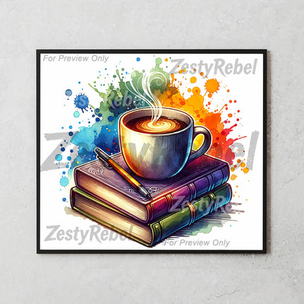 Artistic PNG wrap for 20oz tumblers featuring book stack and swirling coffee