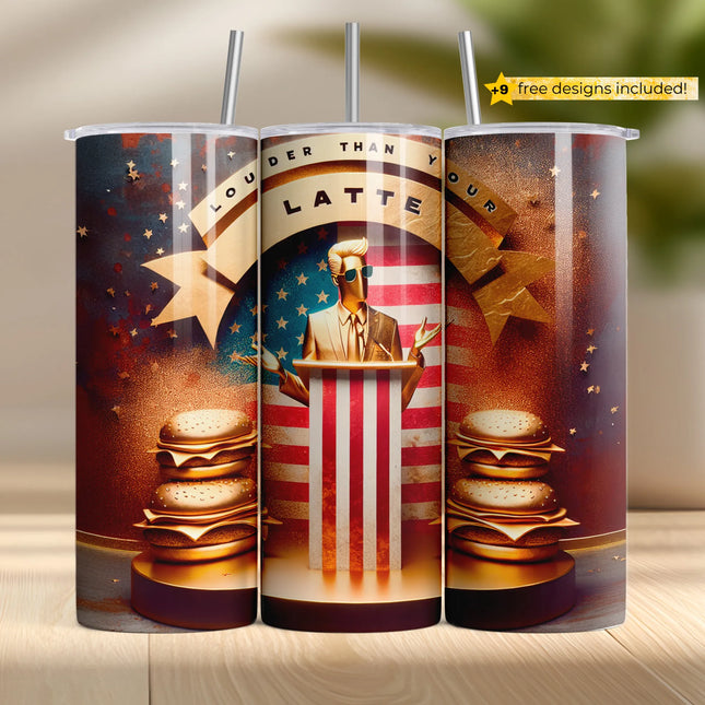 Patriotic political tumbler wrap design with golden speaker, burgers, and American flag podium.