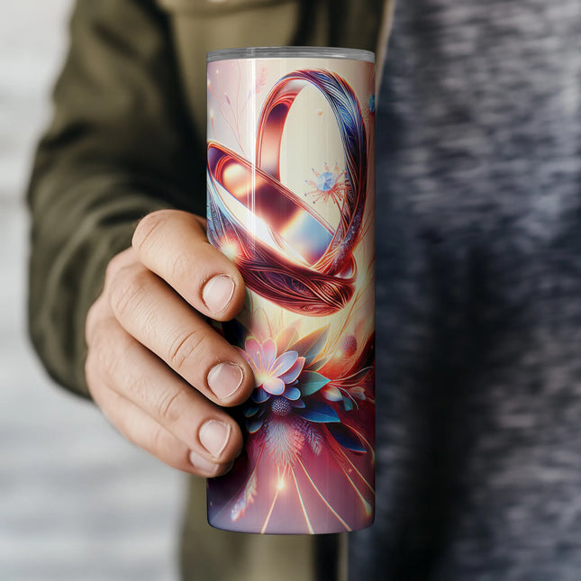 20oz sublimation wrap showing intertwined rings surrounded by radiant petals and magical lighting.