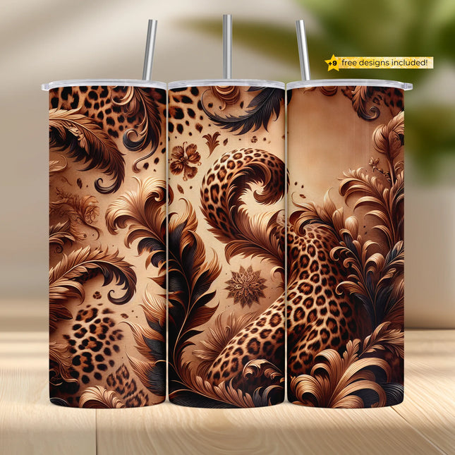 Buy luxury leopard tumbler png for sublimation – golden animal print wrap with baroque flourishes