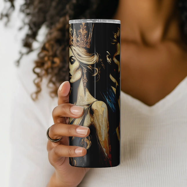 Sublimation tumbler wrap with golden couple in evening wear, perfect for weddings and upscale gift projects.