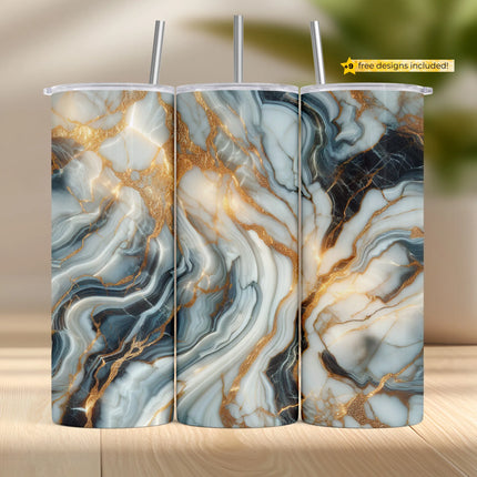 Luxury marble tumbler wrap design with gold veins and flowing agate textures in white, teal, and charcoal.