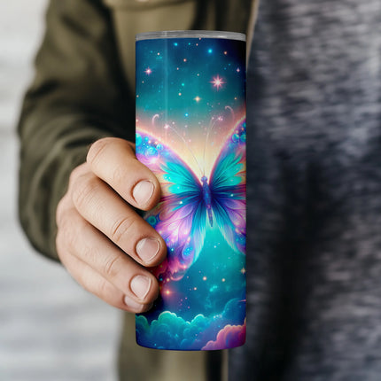 Magical butterfly in dreamy galaxy setting, designed as a tumbler wrap PNG for sublimation gifts.