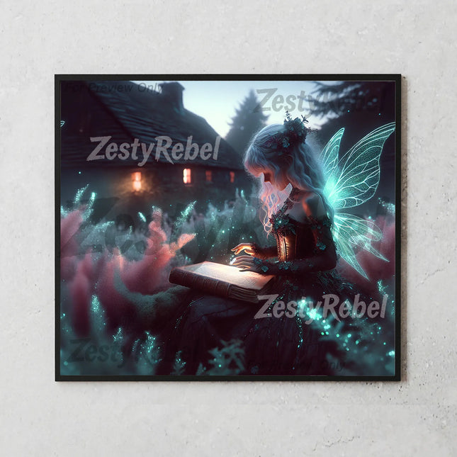 Dreamy forest fairy design with sparkles and book, perfect for tumbler sublimation projects.
