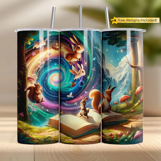 Buy tumbler png for sublimation – glowing bunny portal storybook wrap with squirrels and butterflies