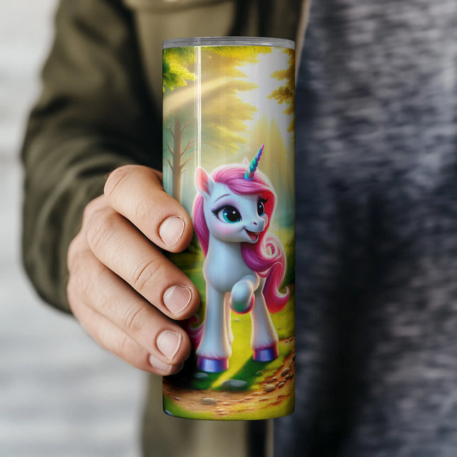 Fantasy-themed 20oz tumbler wrap with pastel unicorn and adorable animals in glowing woods.