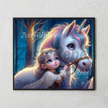 20oz tumbler wrap featuring enchanted forest, pastel mane unicorn, and child in sparkly fairy light.