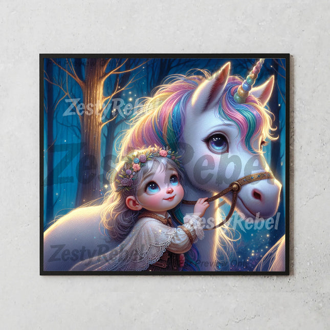 20oz tumbler wrap featuring enchanted forest, pastel mane unicorn, and child in sparkly fairy light.