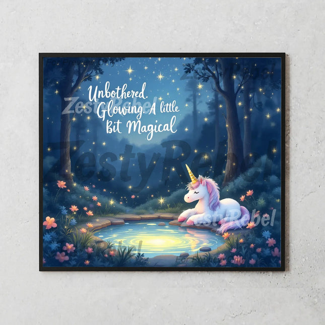 Printable PNG design of a unicorn by a pond, surrounded by soft flowers and starlight.