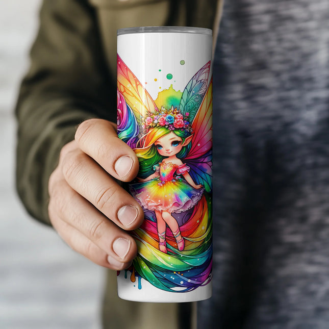 Fantasy fairy with vibrant rainbow hair and wings beside unicorn, great for crafting projects.