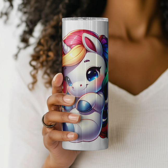 High-res digital wrap design for tumblers featuring a smiling unicorn with bright rainbow curls.
