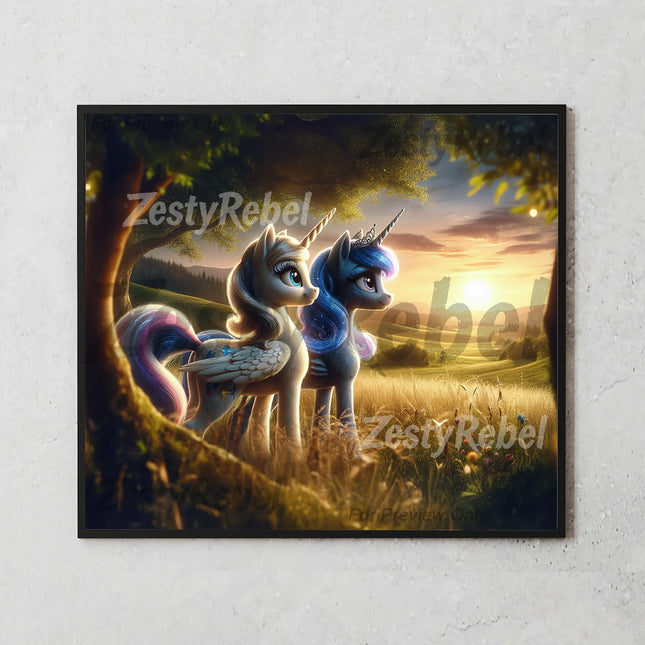 Digital PNG wrap with majestic unicorns, dreamy light, and enchanted meadow scene for sublimation projects.