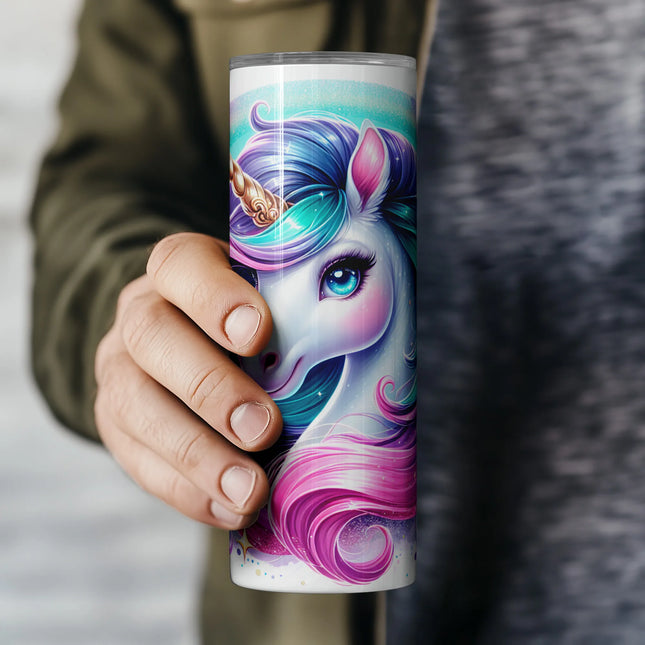 Sublimation wrap for tumblers showing elegant unicorn with glowing horn and starry backdrop.