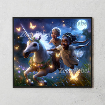 High-resolution PNG sublimation design featuring joyful children on unicorn under a full moon sky.