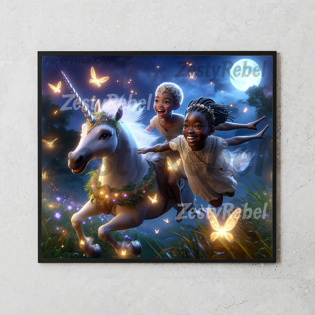 High-resolution PNG sublimation design featuring joyful children on unicorn under a full moon sky.