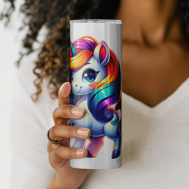 Cheerful tumbler wrap PNG featuring a sweet prancing unicorn and vivid rainbow details.