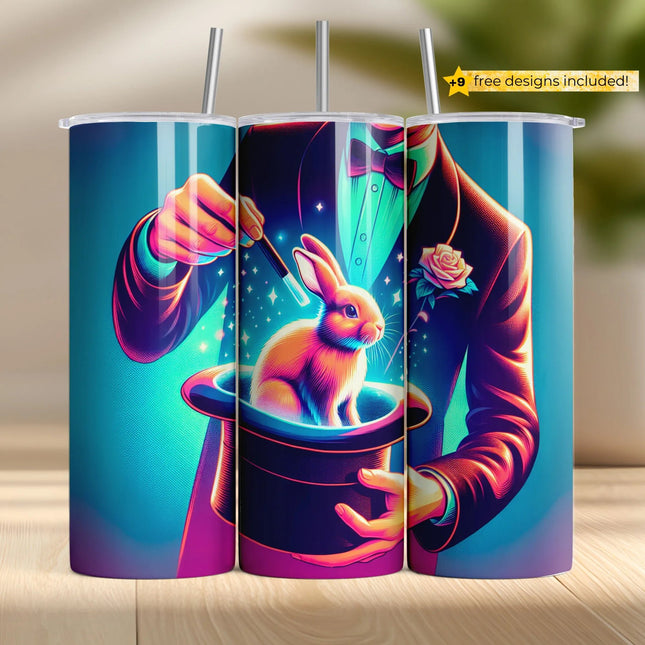Magical rabbit-in-hat tumbler wrap – vintage magic show design in bold colors.