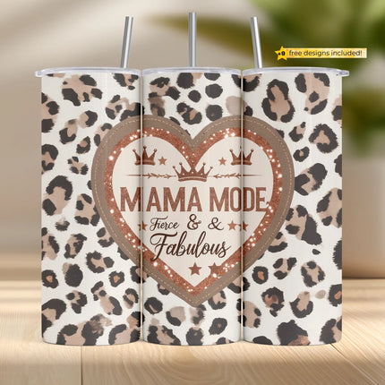 Fierce & Fabulous mama tumbler wrap with rose gold heart and leopard print for sublimation.