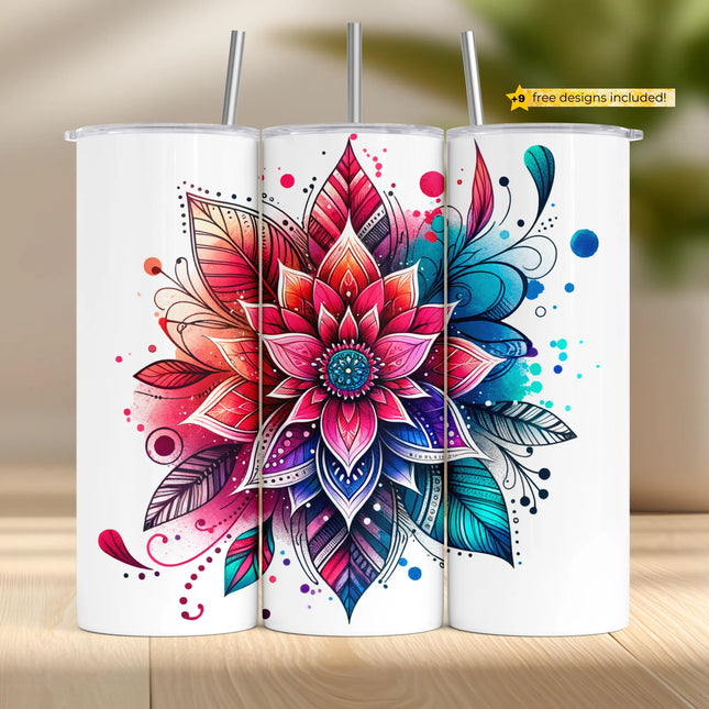 Buy mandala tumbler png for sublimation – vibrant flower wrap digital download for crafters