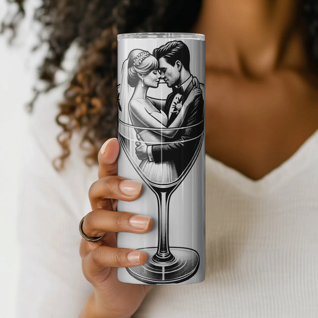 Stylish sublimation PNG for POD featuring newlyweds in a celebratory drink scene – ideal for DIY barware gifts.