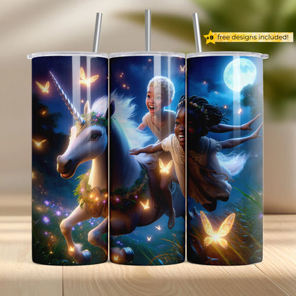 Enchanted tumbler wrap with two girls flying on a glowing unicorn through a moonlit field of butterflies.
