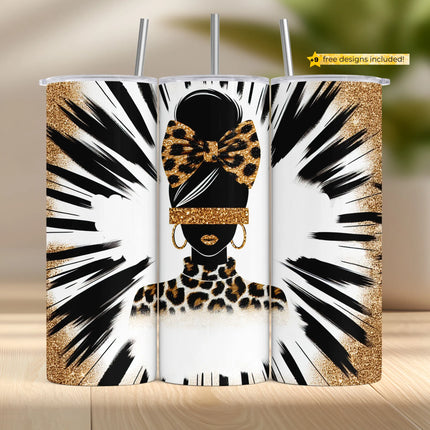 Leopard print glam mom tumbler wrap with glitter accents, black brush strokes, and gold details.