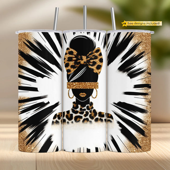 Leopard print glam mom tumbler wrap with glitter accents, black brush strokes, and gold details.