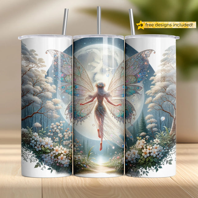 Elegant fairy with glowing wings under moonlight – winter forest tumbler design.