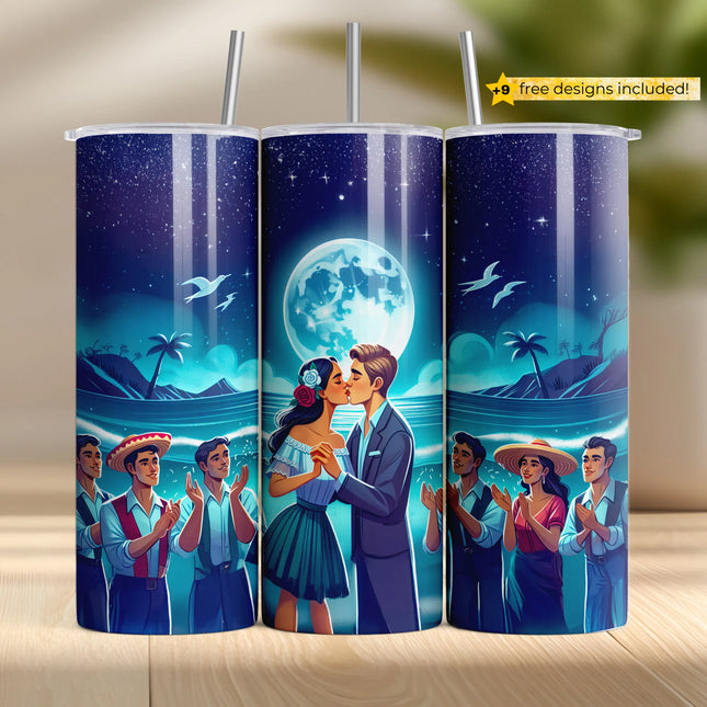 Sublimation tumbler wrap PNG featuring romantic moonlit beach kiss and vibrant Latin wedding celebration.