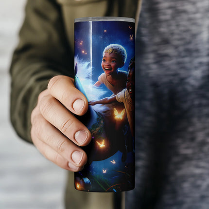 20oz tumbler wrap with whimsical unicorn, glowing butterflies, and magical nighttime scenery.