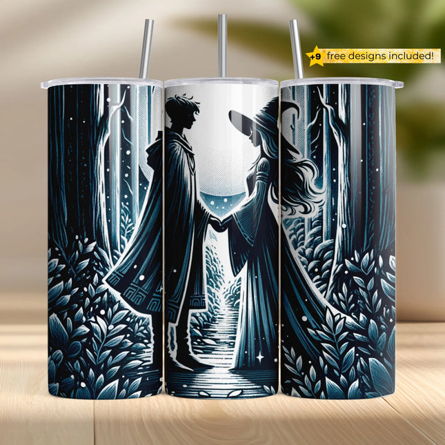 Buy tumbler png for sublimation – witch and wizard in enchanted moonlight forest