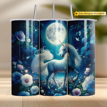 Elegant unicorn under full moon with glowing forest background, designed for skinny tumbler sublimation.