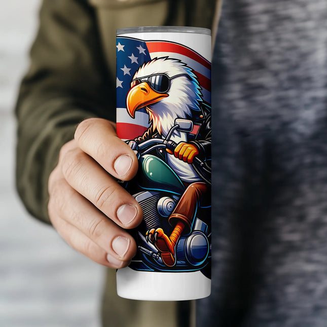 High-res PNG wrap design with a tough eagle biker, ideal for Independence Day tumbler projects.