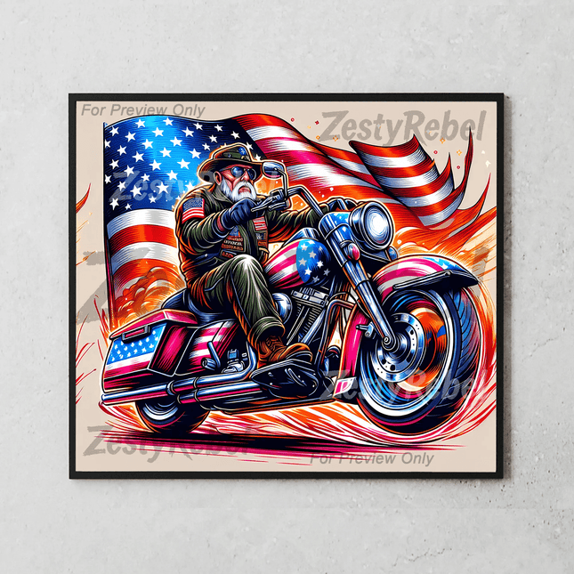 Sublimation wrap for 20oz tumblers featuring patriotic biker and stars-and-stripes flame effects.