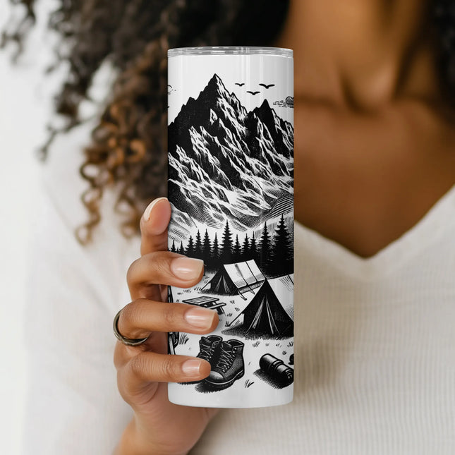 Wilderness PNG wrap for sublimation featuring detailed mountain range, forest and backpacking essentials.