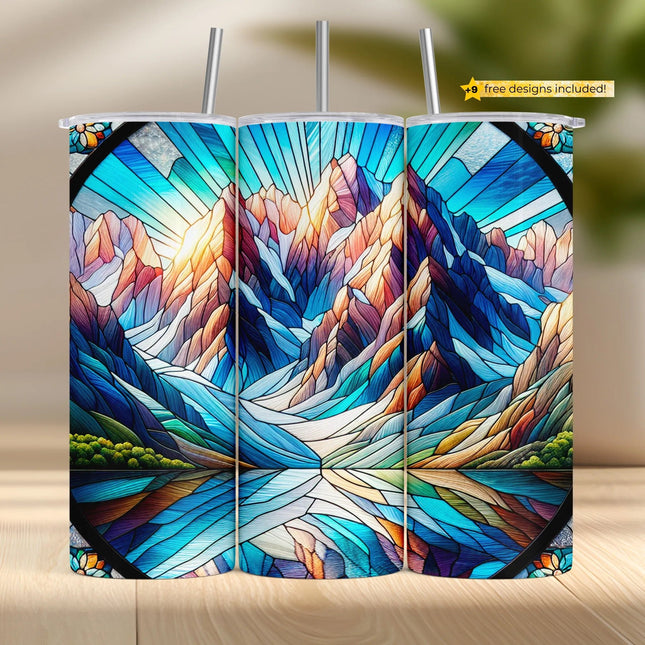 Buy mountain tumbler png for sublimation – scenic stained glass wrap with alpine landscape design