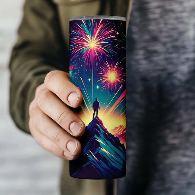 Flat PNG file preview of seamless mountain fireworks sublimation wrap designed for 20oz tumblers.