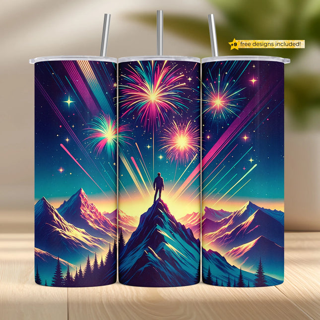 Tumbler wrap design of a person on a mountain peak under colorful fireworks and cosmic stars.