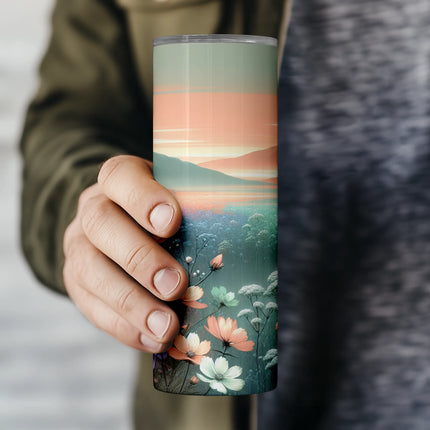 Flat PNG file layout of seamless pastel floral mountain tumbler wrap for 20oz sublimation projects.