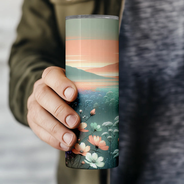 Flat PNG file layout of seamless pastel floral mountain tumbler wrap for 20oz sublimation projects.