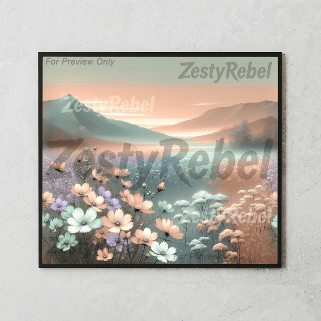 Mockup of 20oz skinny tumbler featuring floral fields, muted colors, and serene mountain backdrop.