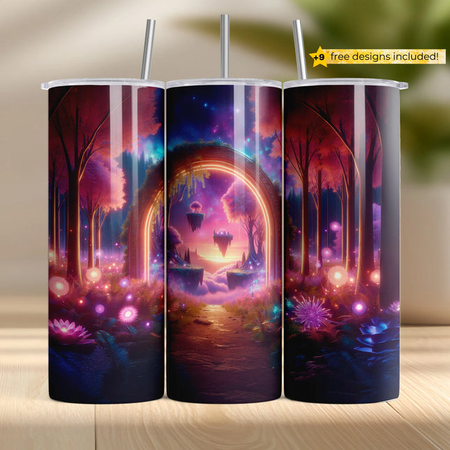 Buy tumbler png for sublimation – magical forest wrap with portal, sunset, and glowing flowers