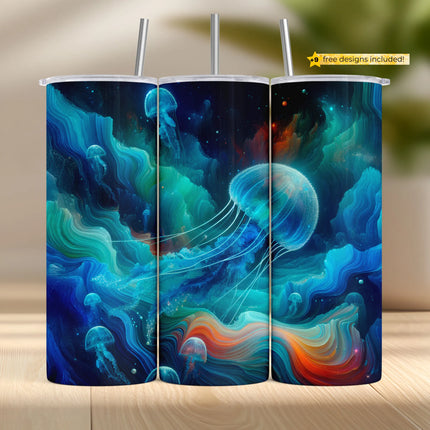 Tumbler wrap design with glowing jellyfish, abstract ocean waves, and deep underwater atmosphere.