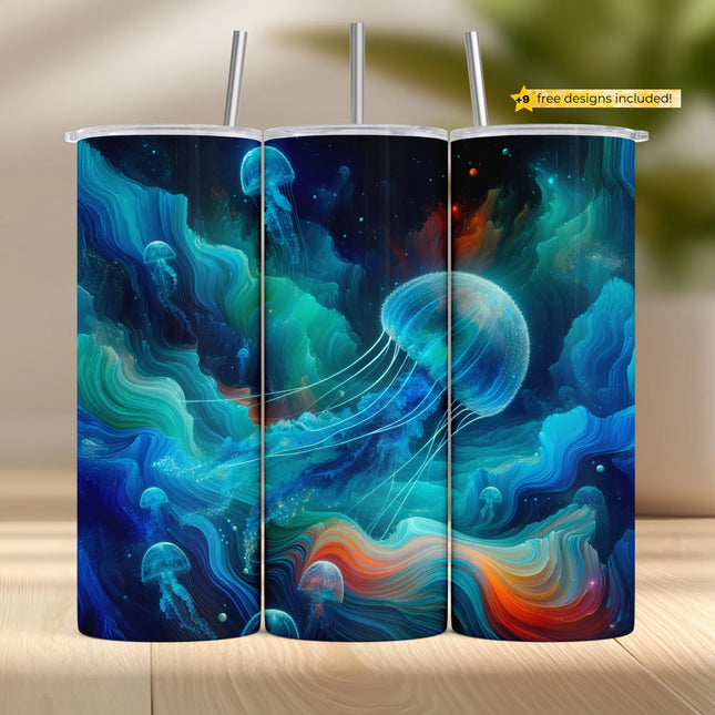 Tumbler wrap design with glowing jellyfish, abstract ocean waves, and deep underwater atmosphere.