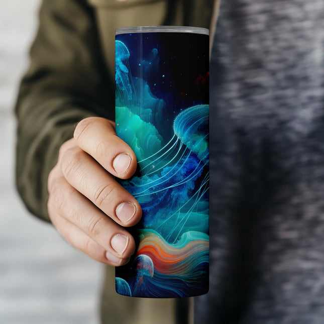 Flat PNG file of seamless jellyfish tumbler wrap with glowing marine elements and abstract waveforms.