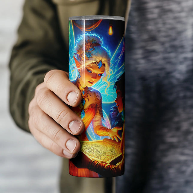 Sublimation tumbler wrap with radiant fairy leader and glowing magical book.