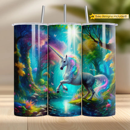 Elegant white unicorn with rainbow mane in an enchanted forest with glowing sunlight.