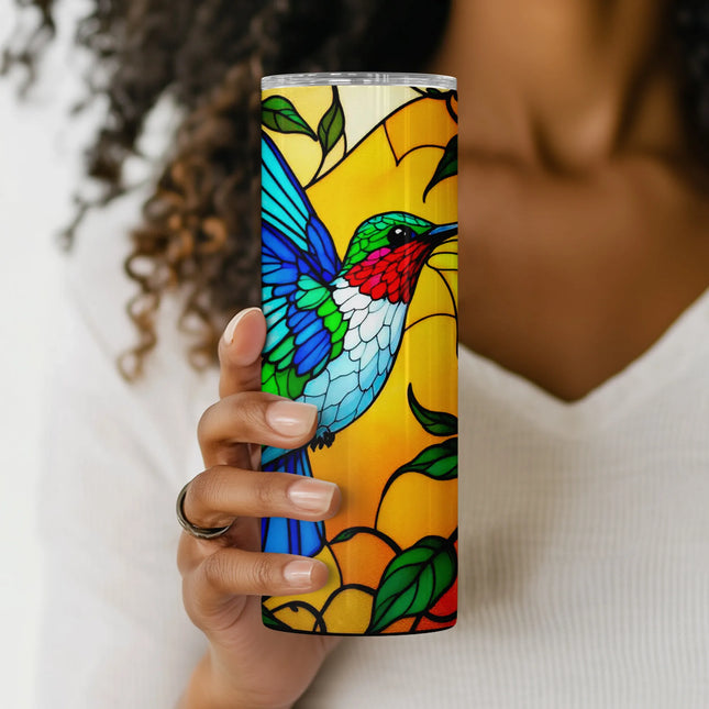 Printable PNG with colorful bird and swirling vines in radiant stained glass for tumblers.